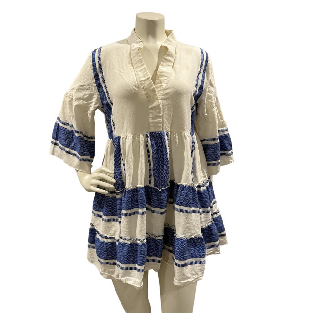 Met Blue and White Striped Greek Cotton Blend Tiered Mini Dress Vacation Beach